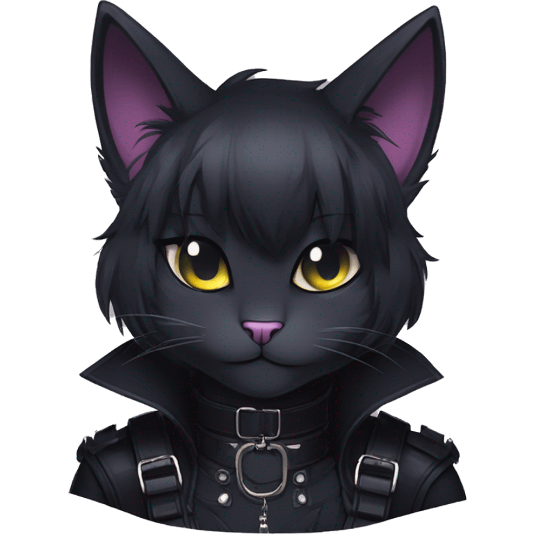 Gorgeous furry gothic dark techwear anime style anthro black cat furry sona Fakemon with blushing face aesthetic and pretty edgy black with collar and harness trending style emoji