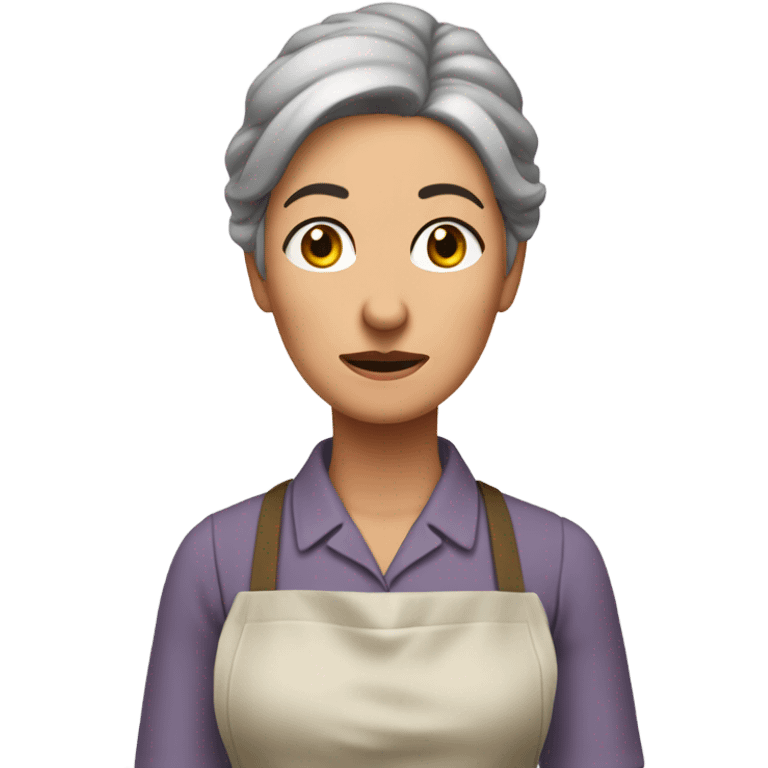 "A middle-aged woman with tired eyes, graying hair tied back, and a warm but worried look. She wears a simple dress with an apron in a modest kitchen." emoji