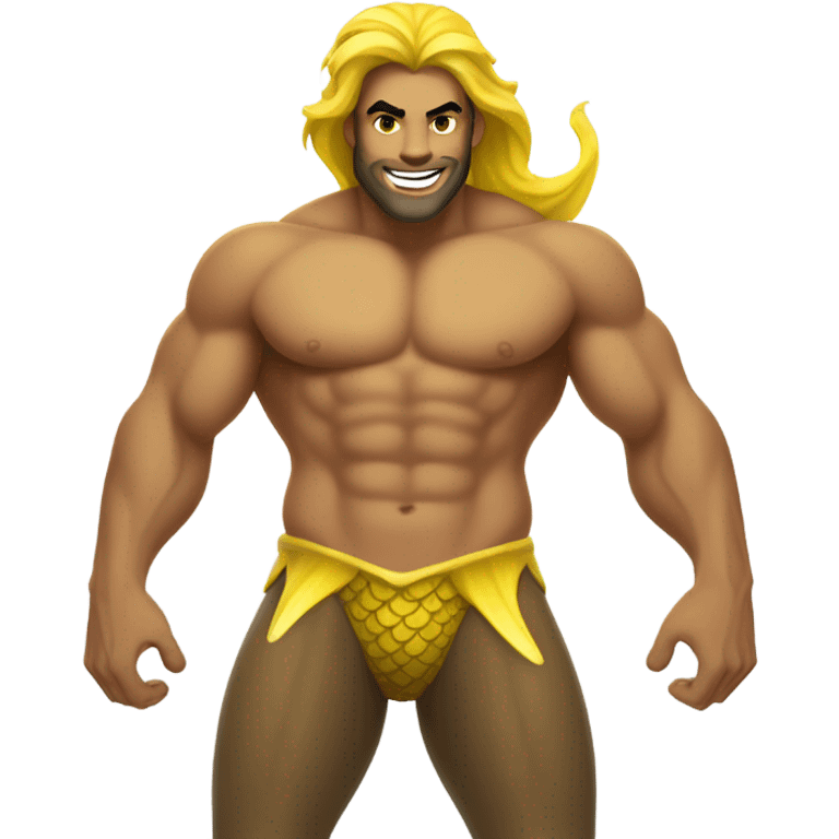 Tan muscular merman with yellow mermaid tail and dark hair emoji