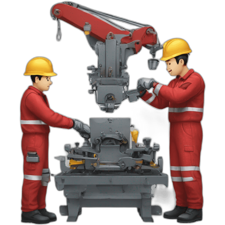 a team of two people disassembling industrial machinery with red uniforms emoji