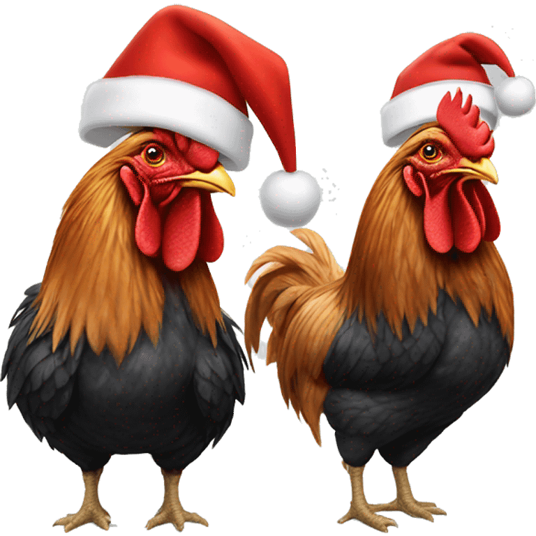 One rooster and two hens wearing Santa hats. emoji