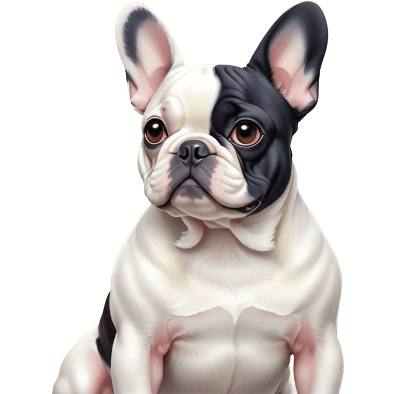 Cinematic Noble Pied French Bulldog Portrait Emoji, Radiating regal yet playful charm, with a distinctive pied fur of contrasting hues and a sculpted, expressive face featuring gentle, wise eyes and a confident stance, simplified yet artistically detailed, glowing with a soft, sophisticated radiance, high shine, exuding intelligent nobility and refined flair, soft glowing outline, capturing the essence of a noble Pied French Bulldog that embodies both strength and grace! emoji