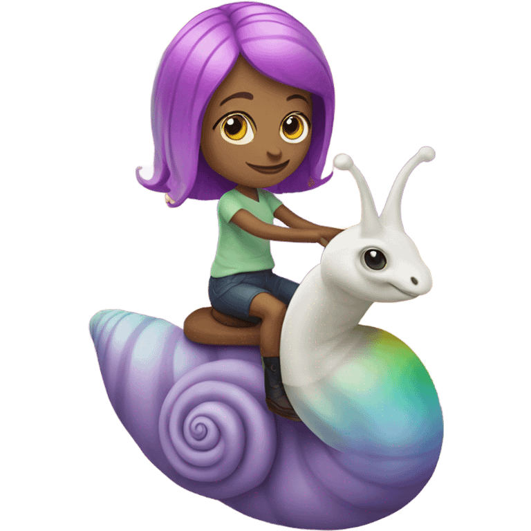 Caucasian Woman with purple hair riding a rainbow snail emoji