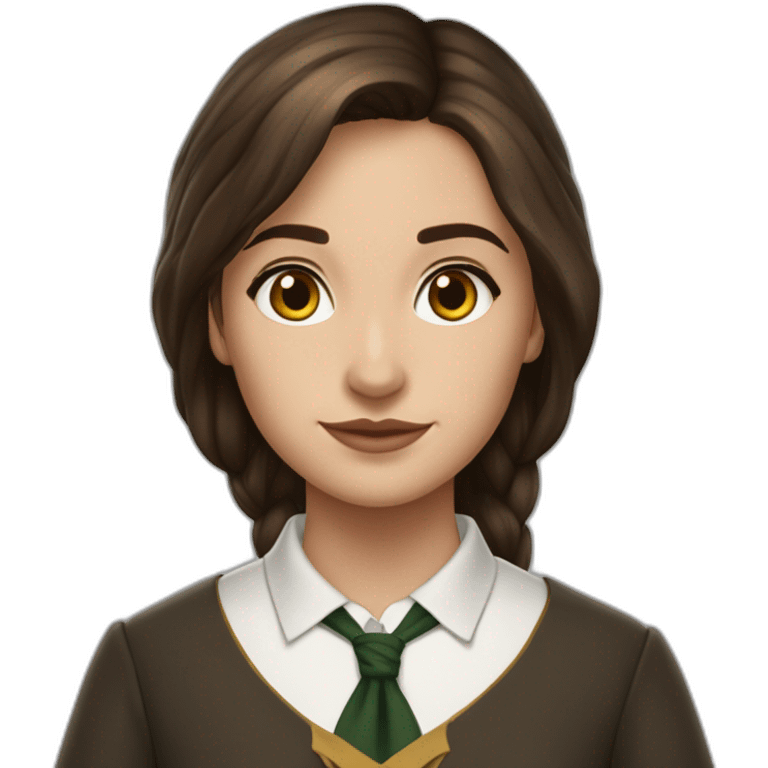 Fille brune aux yeux marron blanche de peau et cheveux détaché avec une tenue de la maison serpentard dans Harry potter emoji