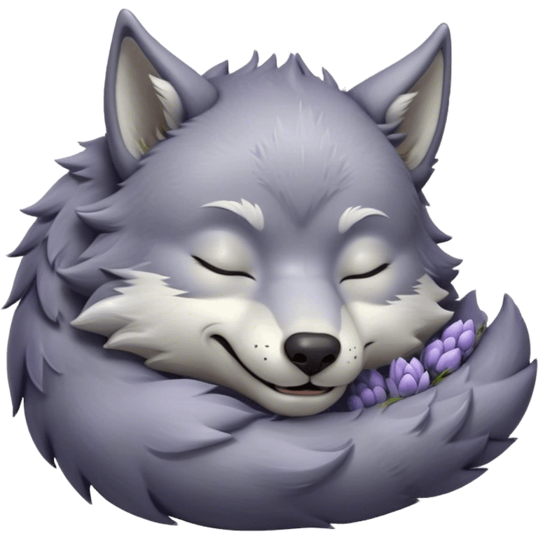 Meme-Worthy Cute Sleeping Werewolf Portrait Emoji, with a cuddly, miniature lupine form in soft moonlit grays and silvers, head resting peacefully with gently closed dreamy eyes and a small, content smile, simplified yet irresistibly endearing, highly detailed with a soft glowing outline that captures the cozy, sleepy essence of a werewolf after frolicking under the full moon! emoji