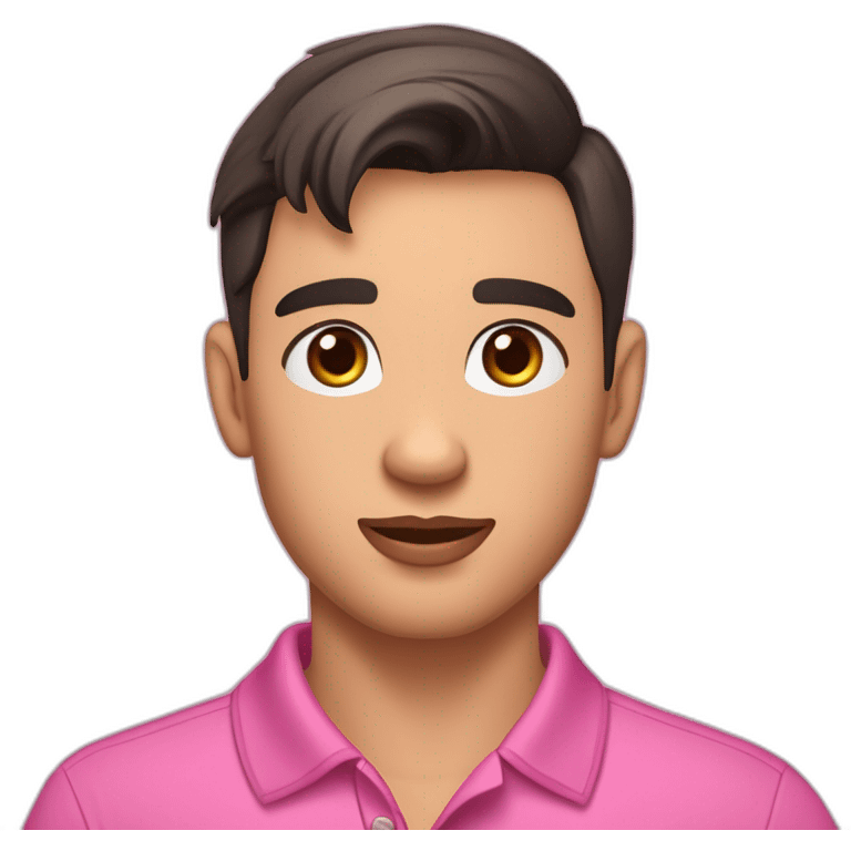 young handsome man with straight short dark hair and dark eyes with large eyelashes and plump pink lips protruding cheekbones in a sports polo shirt with a dog emoji