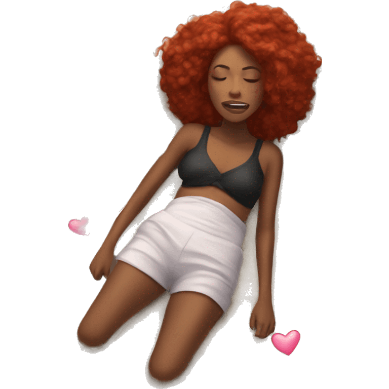 A black woman laying on her back on the beach, looking sick, red hair plats, butter flies around, pink hearts emoji