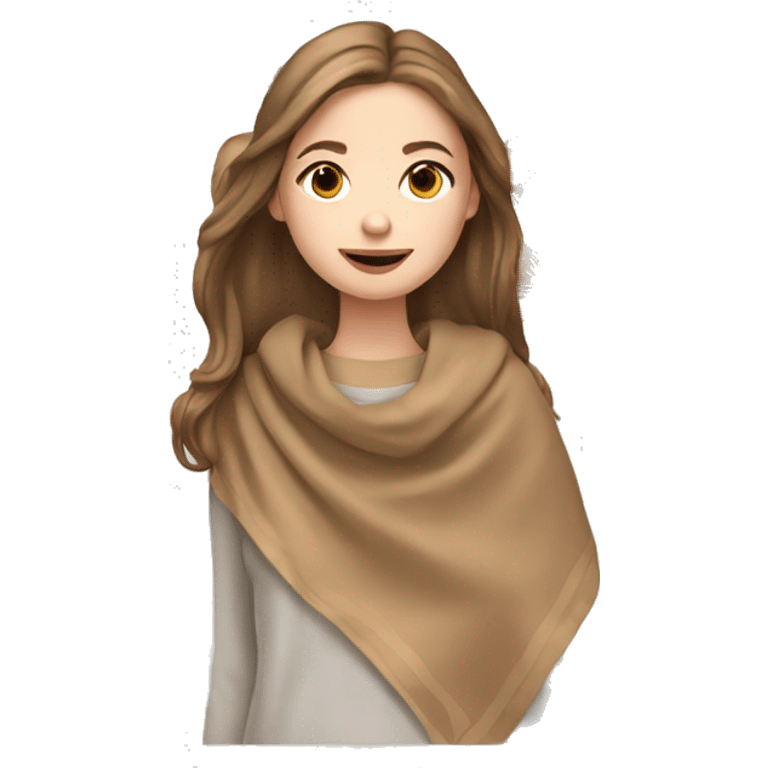 white girl with light brown long hair and brown eyes with blanket wrapped around shoulders and sipping tea emoji