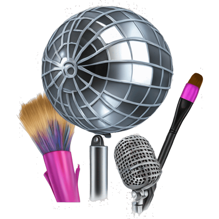 A disco ball, a microphone and art brushes lie together emoji