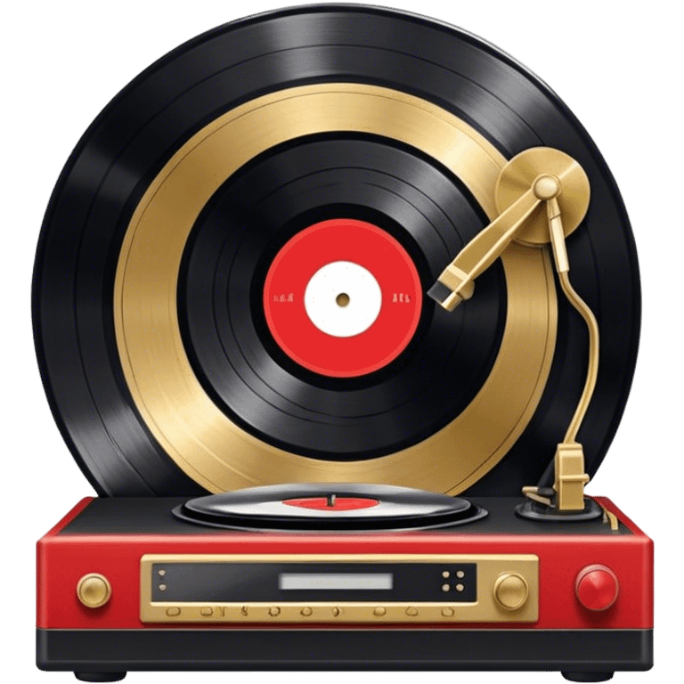 Icon for Vinyl Record Collecting: large black, golden and red vinyl records in decorative packaging featuring artist images, neatly arranged on a wall or shelf, modern vinyl record player. The icon should reflect the aesthetic and artistic aspect of collecting vinyl records. Transparent background. emoji