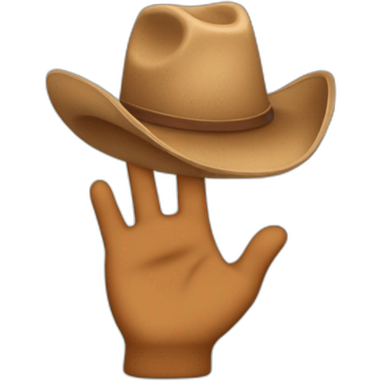 An emoji wearing a brown cowboy hat and waving his hand down the middle of the hat emoji