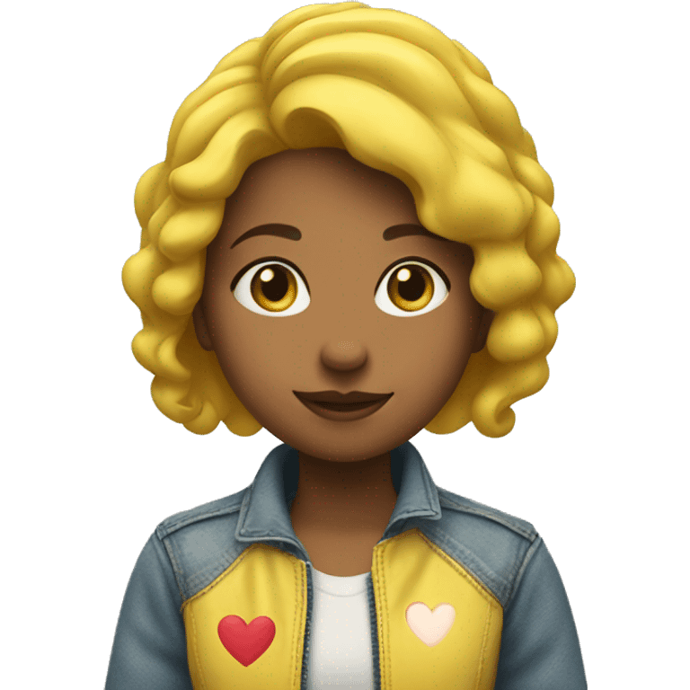 A girl with a loving face wearing a yellow jeans jacket and 3 heart shapes on her head emoji