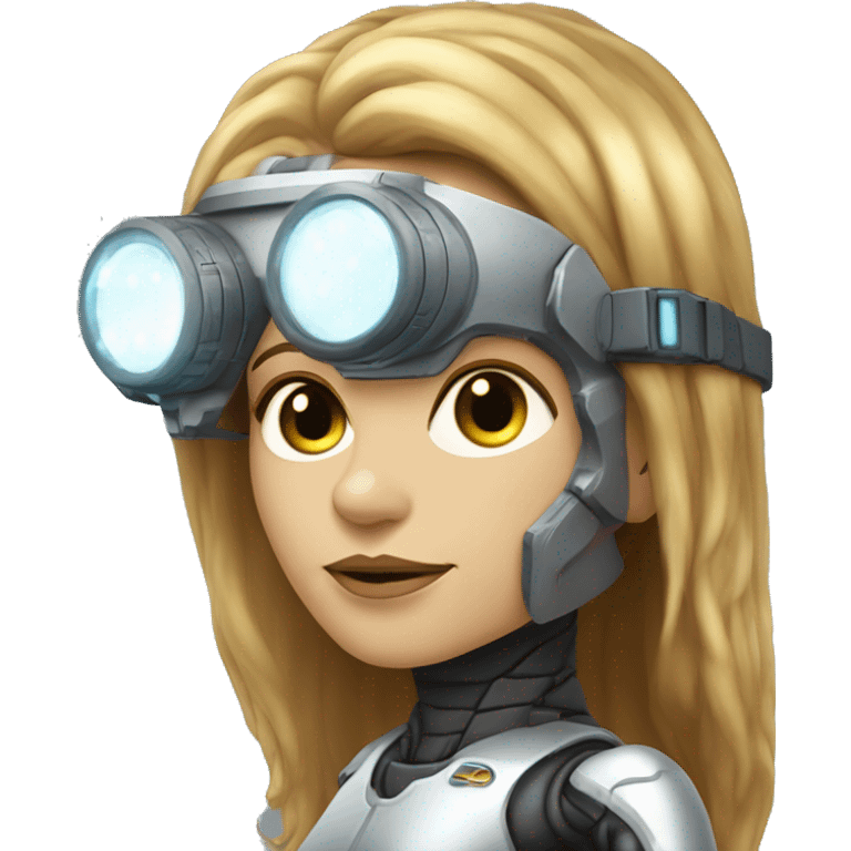 female cyborg head, fair skin, Brown long hair with blonde steaks, space age goggles and circuits emoji