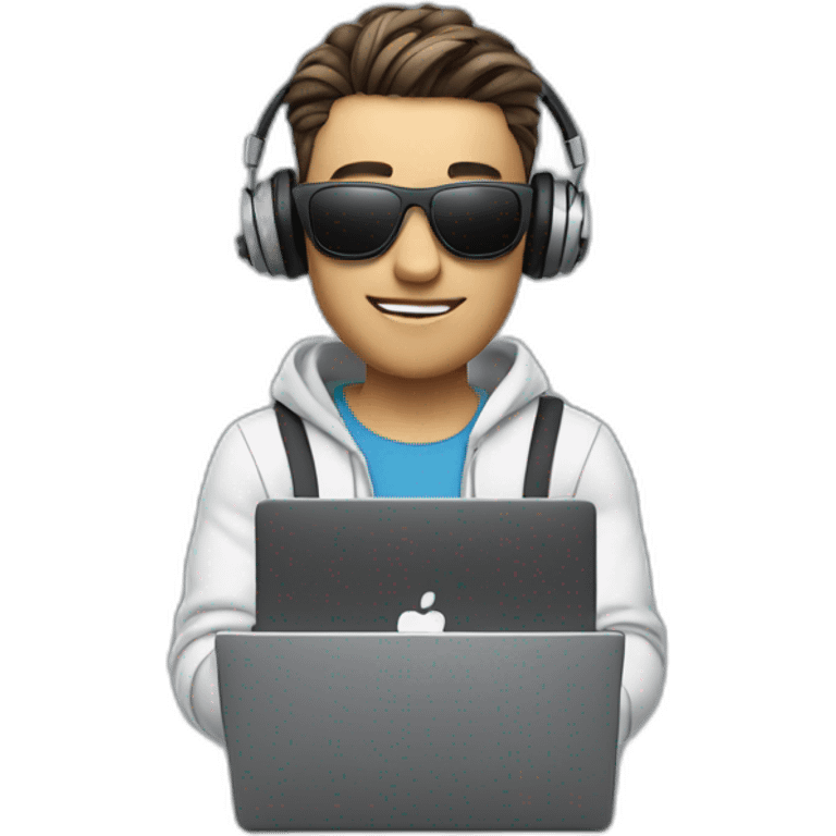 futuristic realistic animated man, video editor with black sunglasses, gray laptop in hand, headphones around his neck emoji