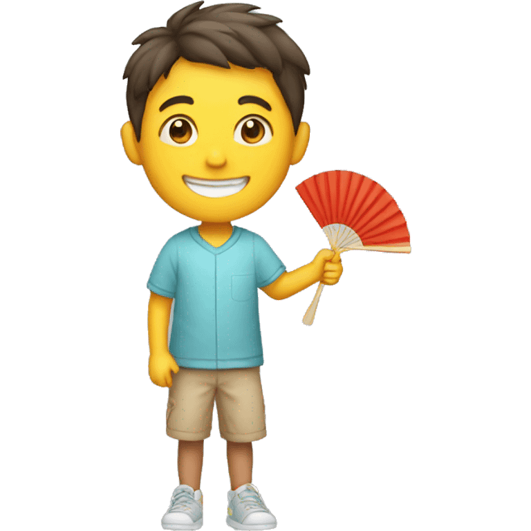 Smiling boy with holding hand fan emoji