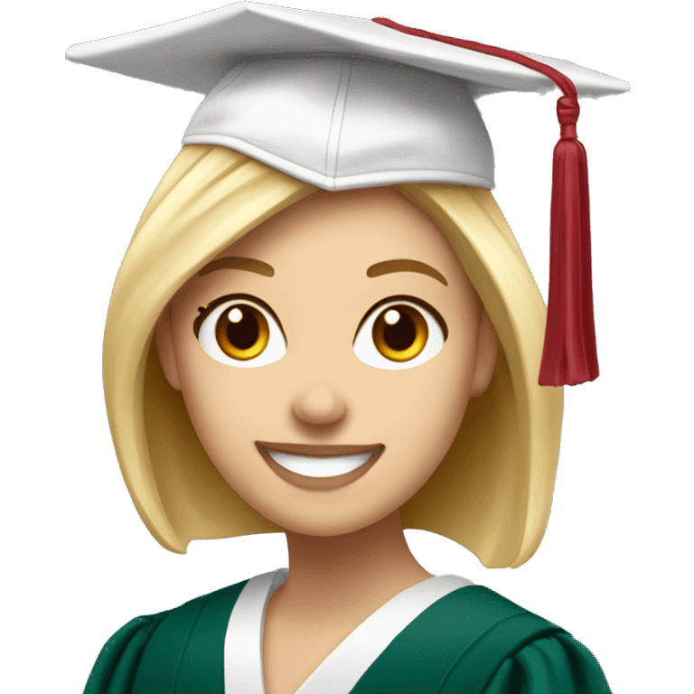 Blonde white girl smiling wearing university of Chicago Loyola grad cap emoji