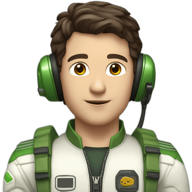 A young white male tennager with dark brown hair and brown eyes in a pilot suit and wearing a green Pilot headset emoji