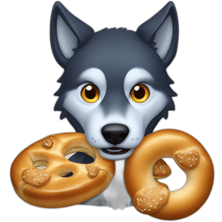 dark wolf with blue eyes eats a bretzel emoji