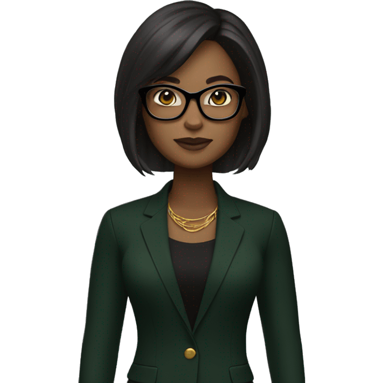 memoji, a woman with dark brown shoulder-length hair, wearing black glasses, dark skin,green and gold earrings, a black blazer over a black top emoji