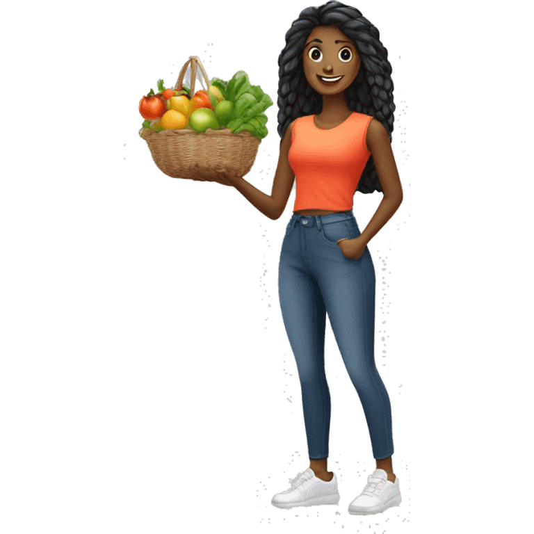 Vendeuse cheveux noir avec des fruits et légumes  emoji