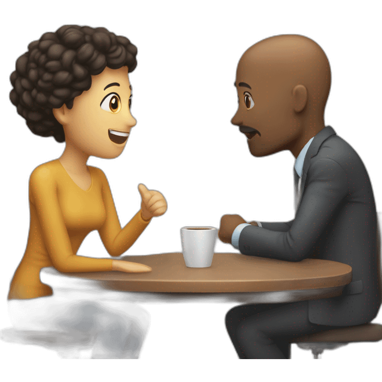 two person, interviewer and a brown person, talking, 4K, high-detailed, with table, emoji