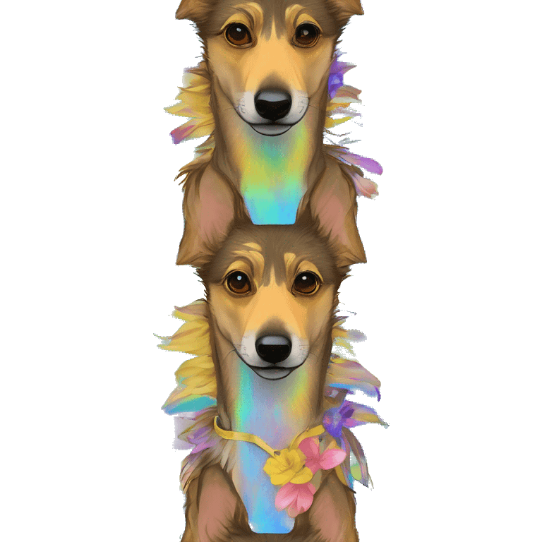  brindle brown black maroon striped lurcher Alsatian fox running blue eyes and iridescent holographic oilslick harness wearing paper iridescent tropical flower crown yellow caution tape emoji