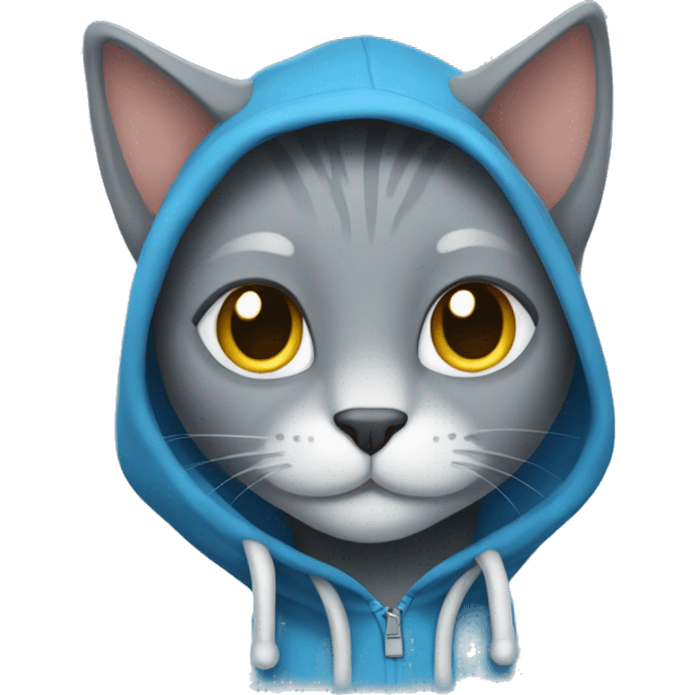 grey cat in blue hoodie smiles emoji