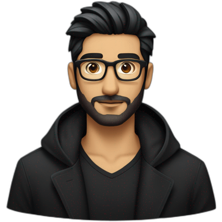 North Indian long faced white skinned male with glasses and black hair combed in front a bit and a patchy beard with patchy moustache showing up like zayn wearing a black tee black overcoat emoji