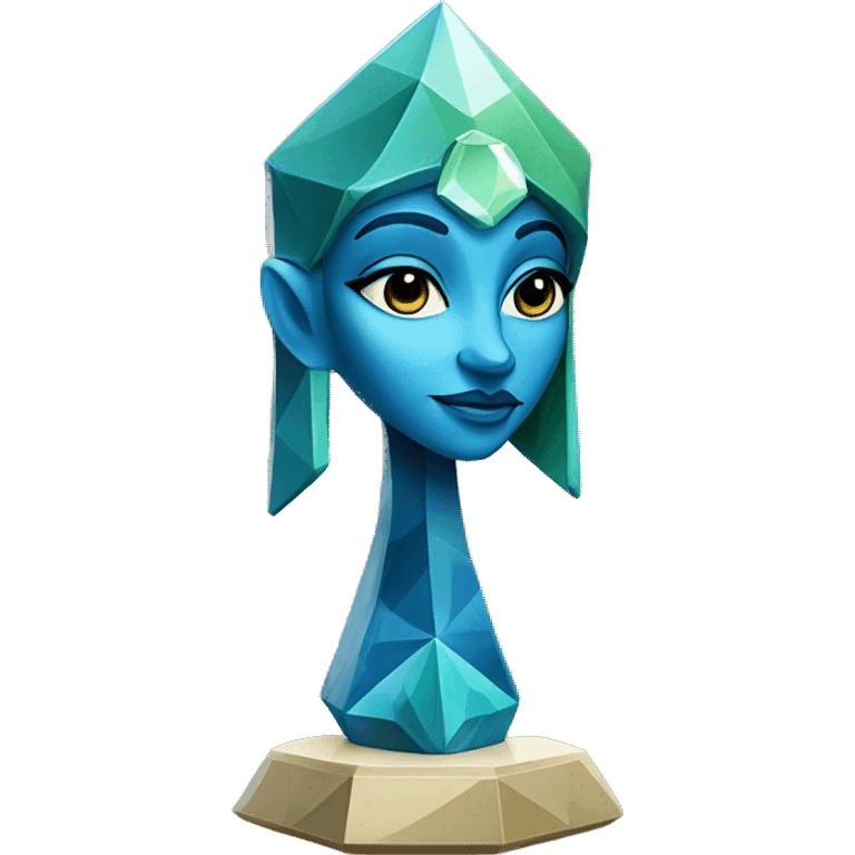 Sculpture oracle priestess with a geometric faceted design with disney features. Oracle of delphi is sparkling and standing upright on a base with angular and flower features. The vibrant blues neutrals and greens highlights the sharp edges and planes.  emoji