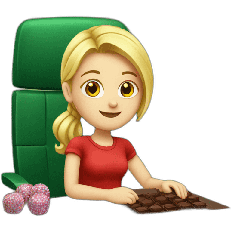 Girl, blonde hair, wearing red shirt, sitting at a black desk, wrapping chocolate candies, solid green background emoji