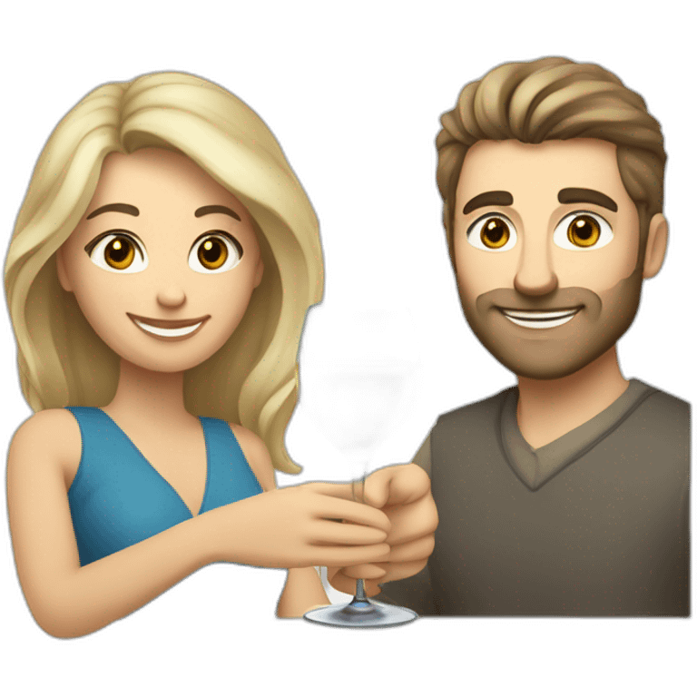 caucasian woman with brown eyes and blond medium long hair and a caucasian man with blue eyes and grey hair, toasting with a glass of white wine emoji