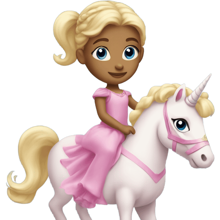 Little 5 year old blonde girl blue eyes in a princess dress riding a big pink unicorn  emoji