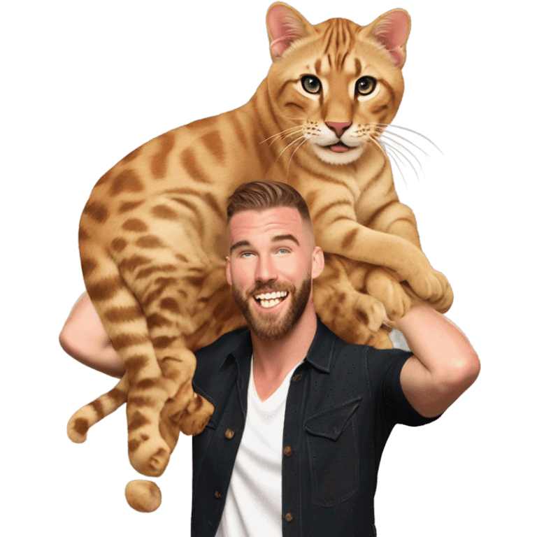 Taylor swift and Travis Kelce holding a bengal cat in the air like Rafiki holds Simba in the lion king  emoji