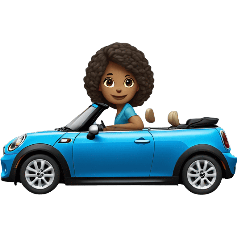 a girl drives a blue convertible mini cooper emoji