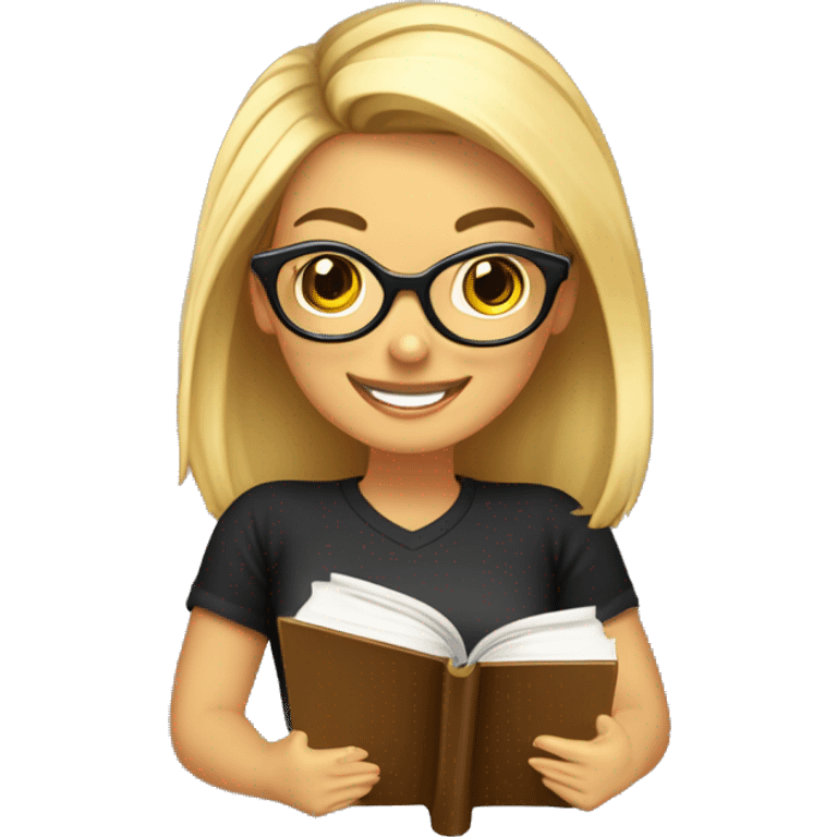 chica profesora joven rubia pelo largo y liso, sonriendo con libros en una mano, con gafas pequeñas color marrón redondas, vestida con camiseta color negro y con pendientes de aros grandes color dorado  emoji