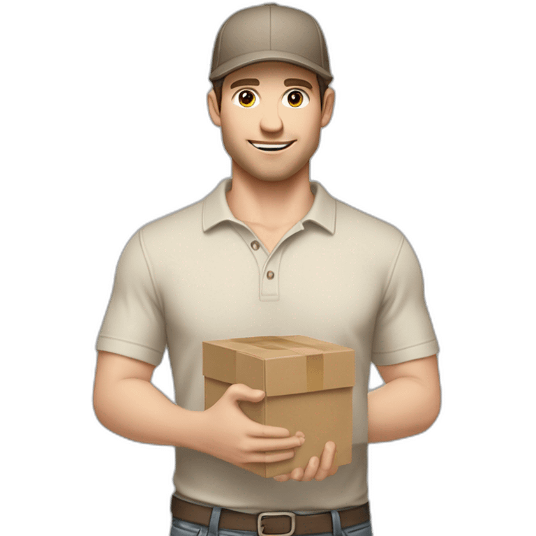 Pale skinned fit Man with dark brown hair in a beige cap, gray jeans, brown polo and white T-shirt keeping a pasted with tape white box into his hands emoji