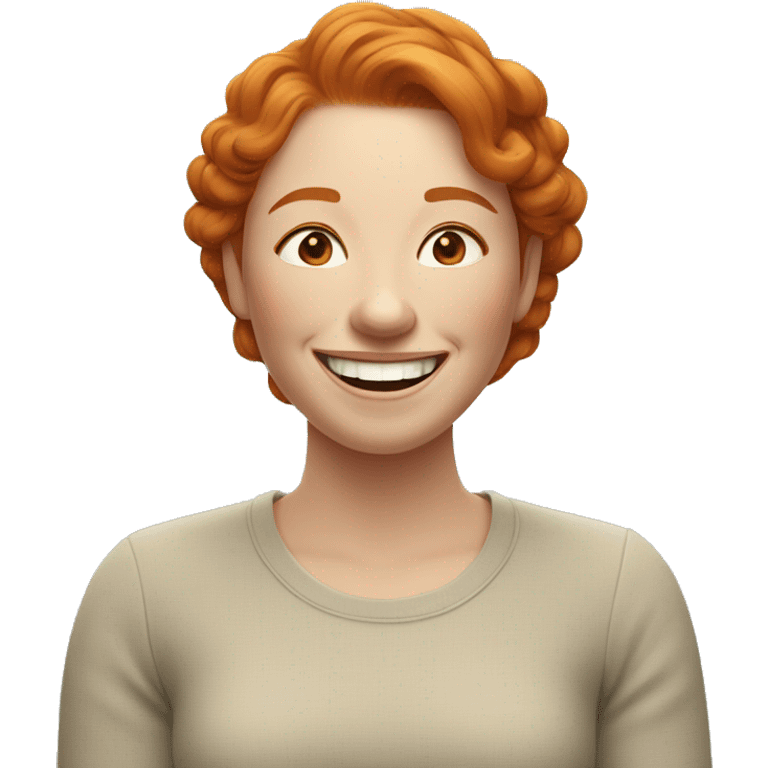 Ginger woman gently chuckling, calm and happy, subtle laughter emoji