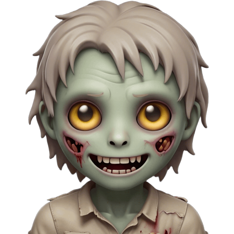 Cinematic Cute Zombie Portrait Emoji, with a delightfully quirky, slightly disheveled face in muted ashen hues, featuring quirky bright eyes and a playful, stitched-together smile, simplified yet irresistibly charming, highly detailed with a soft glowing outline that captures the adorable, offbeat spirit of a zombie who’s more cute than creepy! emoji