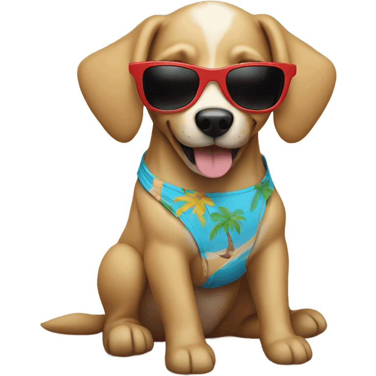 Dog on a beach with sunglasses and bikini emoji