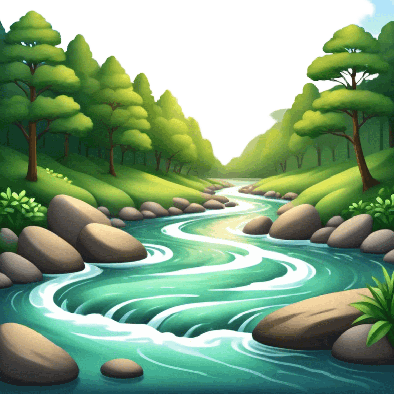 Cinematic Realistic River Emoji, Serene and flowing, with sparkling water meandering through lush greenery, surrounded by trees and rocks. The sun dances across the rippling surface, creating glimmering reflections while birds fly overhead. Soft glowing outline, capturing the essence of peacefulness and tranquility in a meandering river. emoji