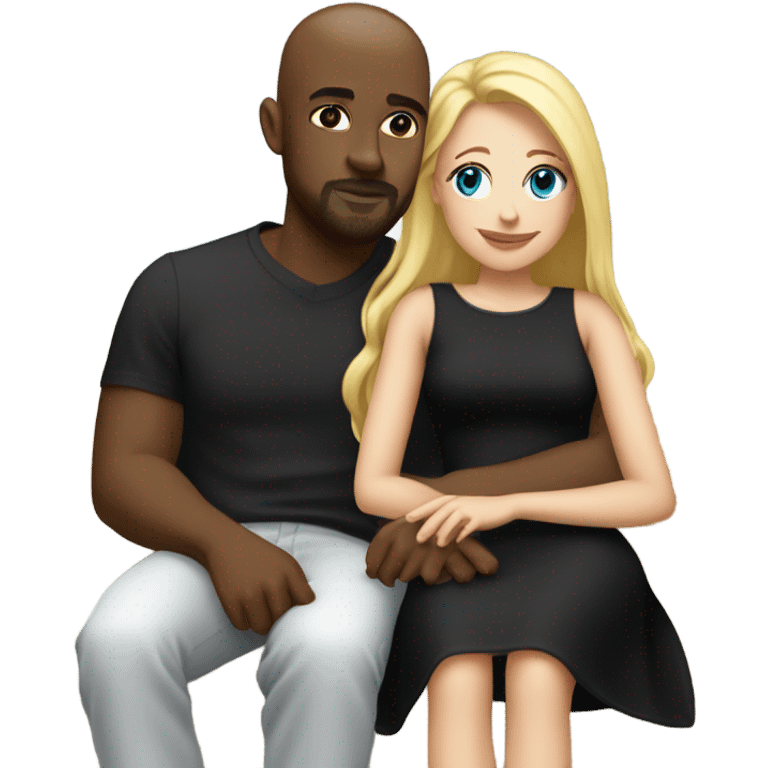 Blonde woman with blue eyes and long straight hair wearing a short black dress and a black man who is bald with a goatee seated together on a sofa enjoying a loving kiss.   emoji