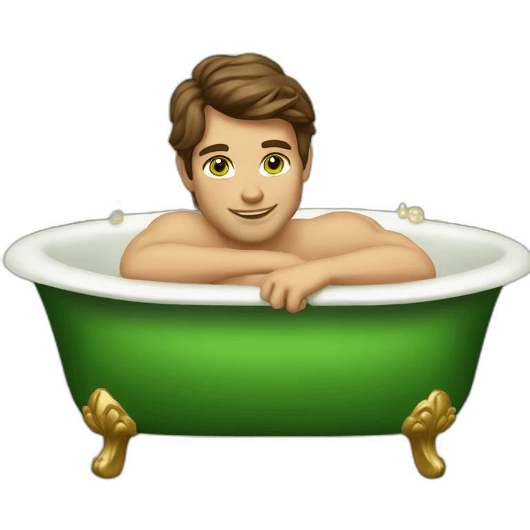 Posh-muscle-boy-brown-hair-green-eyes-pearl-necklace-in-golden-bathtub emoji