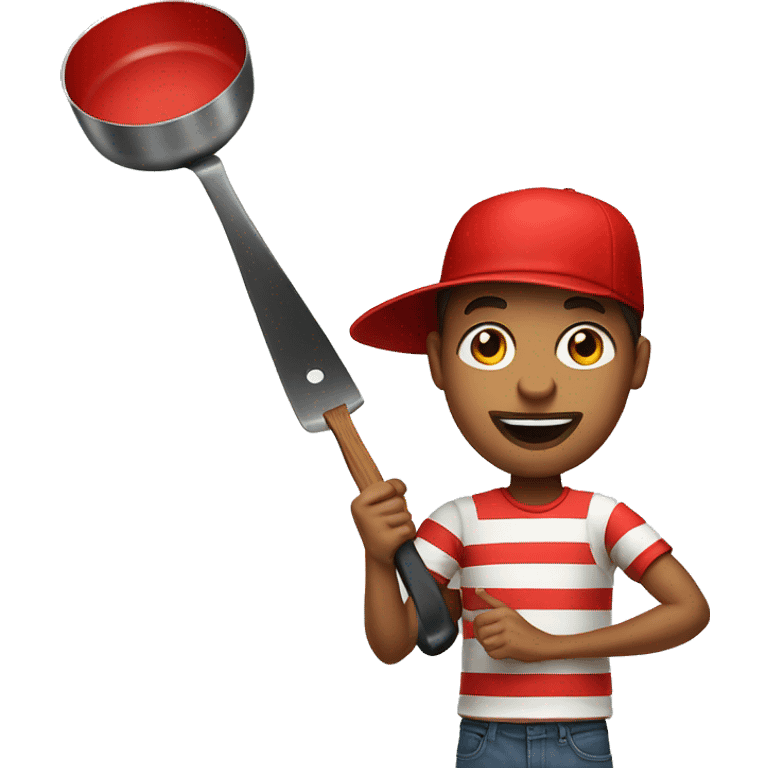 a guy in a striped T-shirt and a red hat is holding a frying pan emoji