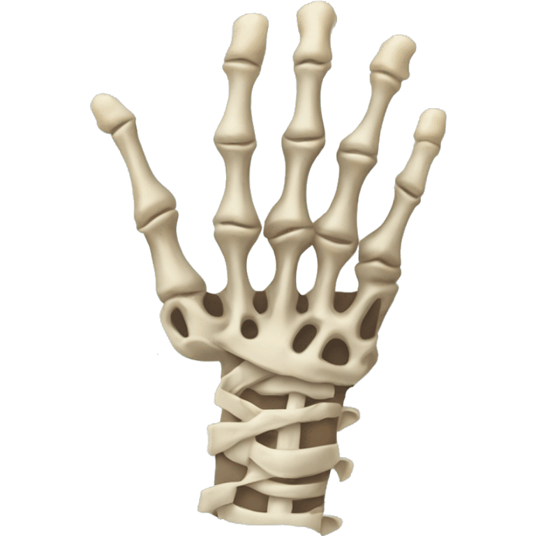 Skeleton hand with a little skin being held together by gauze bandages that are peeling away emoji