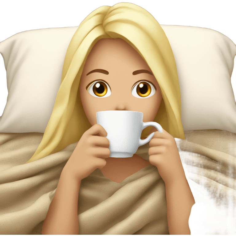 Blonde girl sipping coffee under blanket emoji