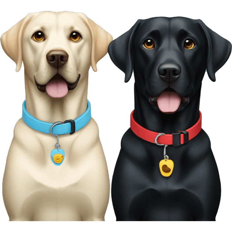 black-coloured labrador on the left with red collar, black-coloured labrador on the right with light blue collar. emoji