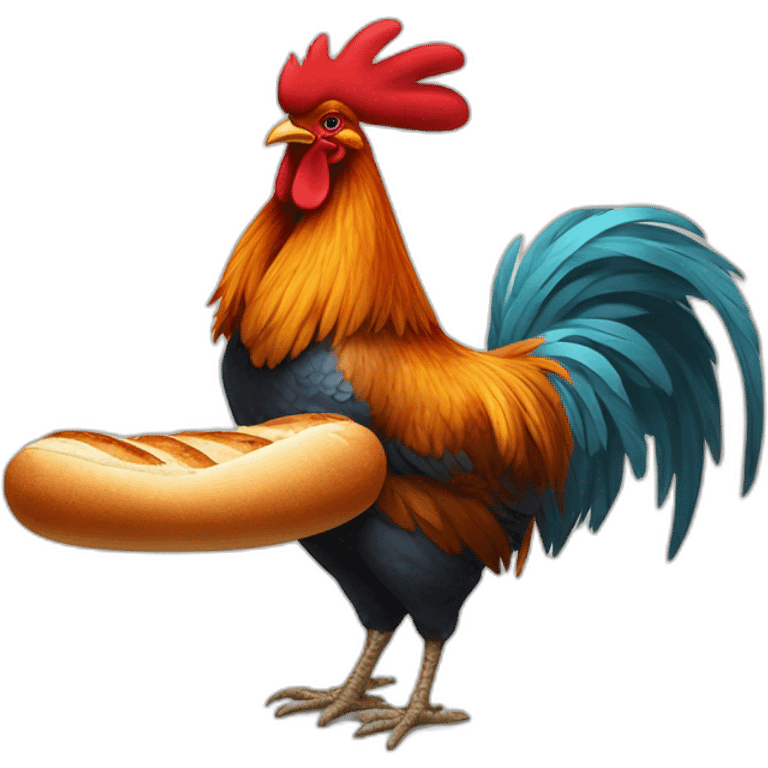 Rooster hanging a baguette under his wing and a glass of xine under the other wing emoji