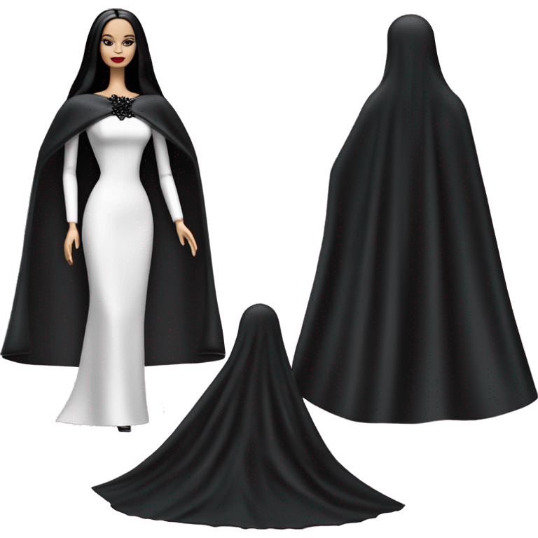 Dulcissima Barbie, Morticia Addams, cape,veil,funeralwear,showing off, show full body,accessories  emoji