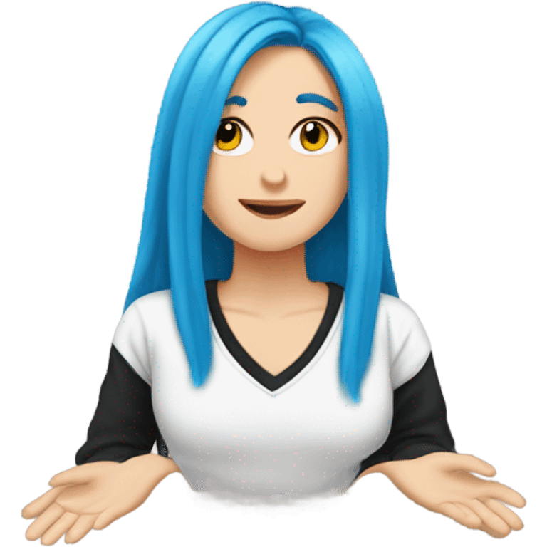 a white girl with long blue hair in a black sweatshirt shows a heart with her hands emoji