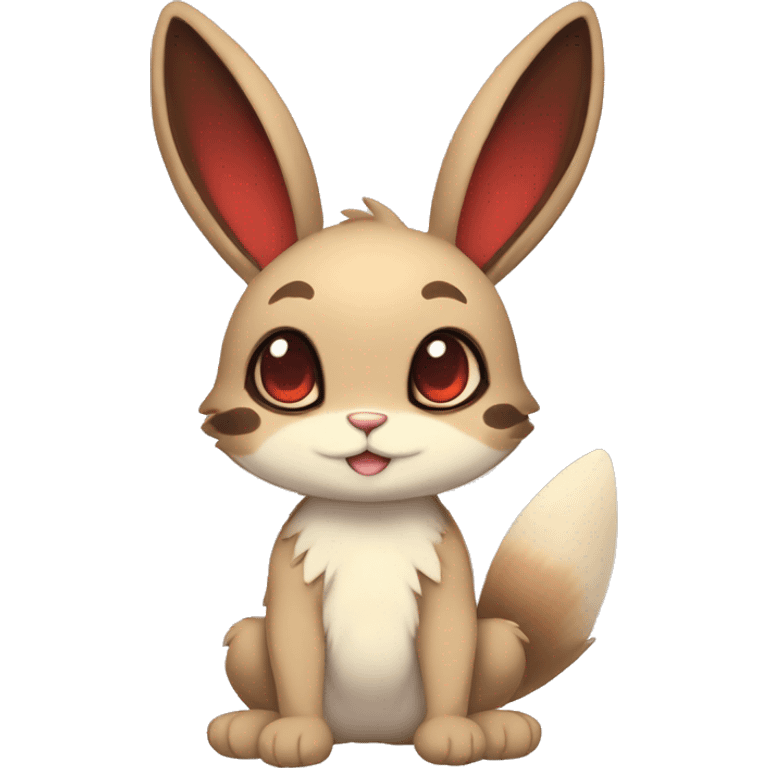 Cute, Chibi, Kemono-style, Anthro, Fur-Sona, Dark-Brown, Normal-type-Ground-type Tan-Rabbit-Fakémon with Dark-Red eyes, beige belly, beige paws, beige feet, beige freckles, full body emoji